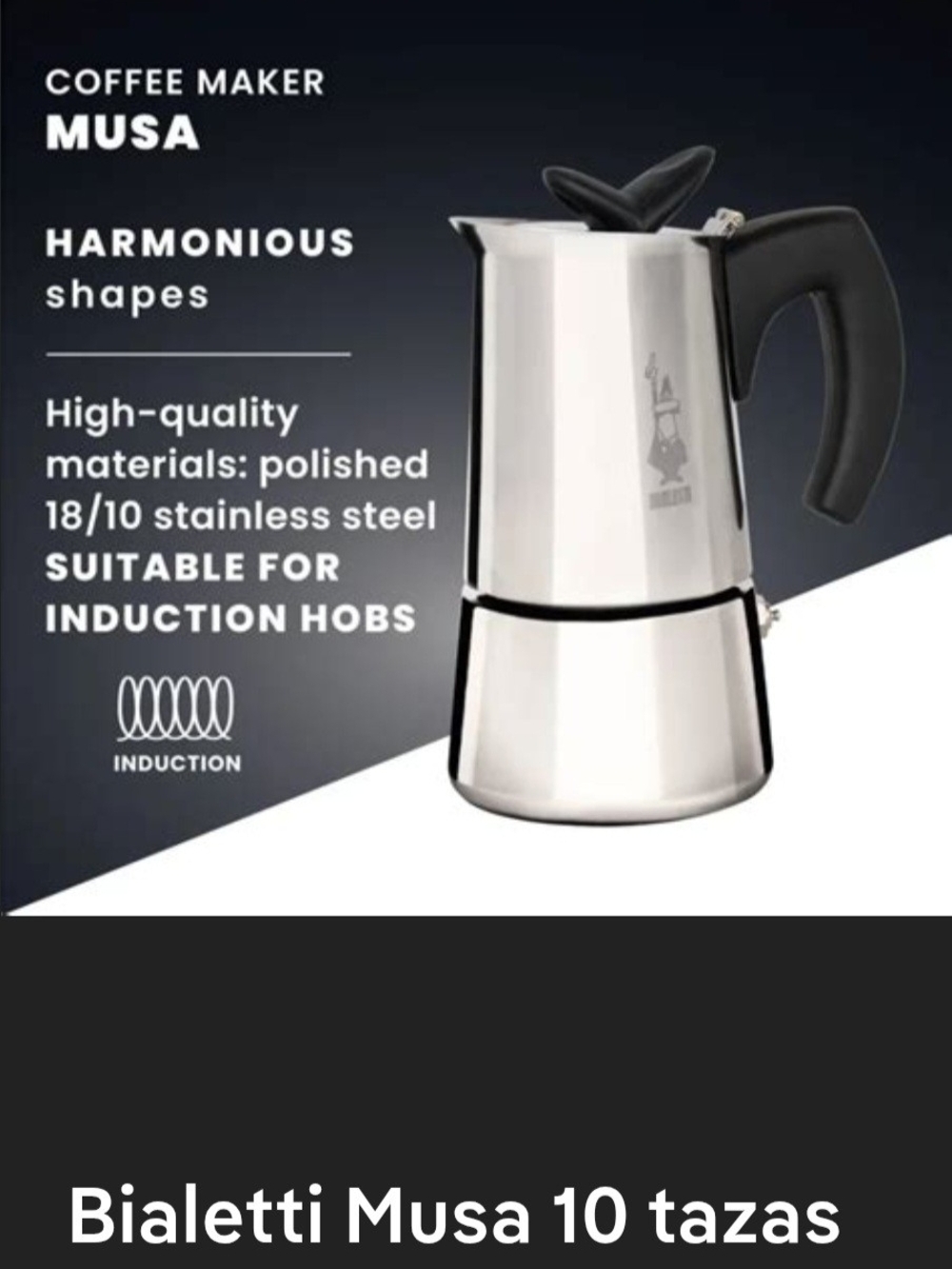 Bialetti Musa Stainless Steel Coffee Maker - Black Handle 10 Cups